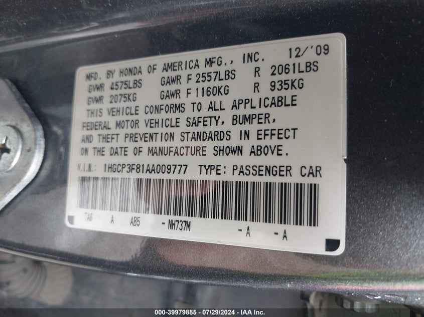 2010 Honda Accord 3.5 Ex-L VIN: 1HGCP3F81AA009777 Lot: 39979885