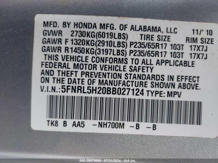 2011 Honda Odyssey Lx VIN: 5FNRL5H20BB027124 Lot: 39979890