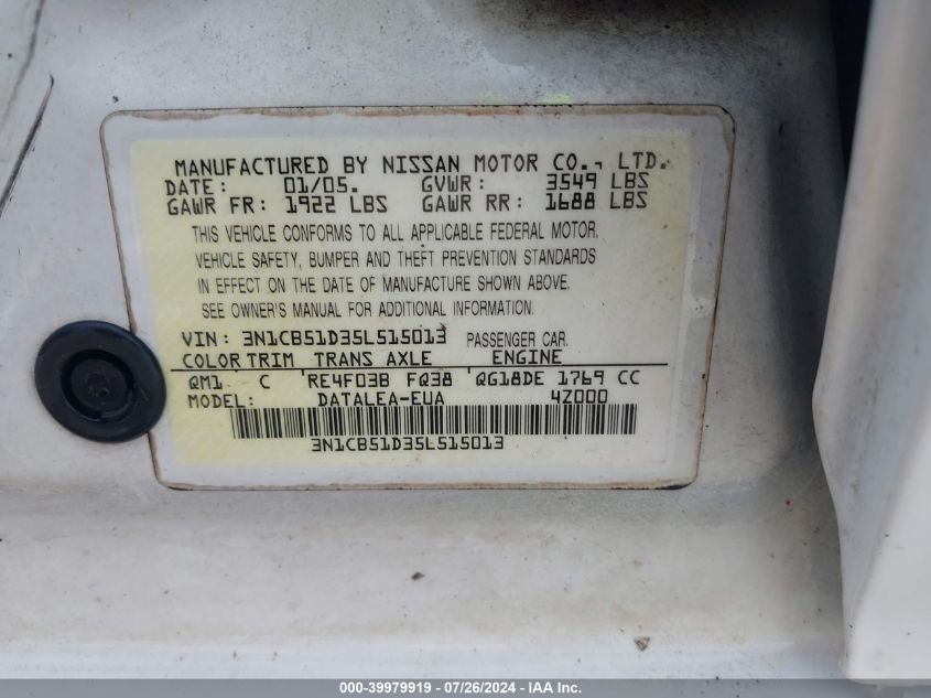 2005 Nissan Sentra 1.8S VIN: 3N1CB51D35L515013 Lot: 39979919