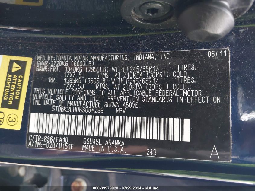 2011 Toyota Highlander Base V6 VIN: 5TDBK3EH0BS084288 Lot: 39979920