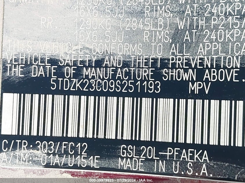 2009 Toyota Sienna Le VIN: 5TDZK23C09S251193 Lot: 39979923