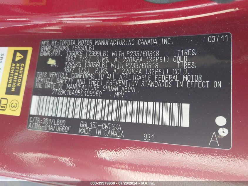 2011 Lexus Rx 350 VIN: 2T2BK1BA9BC109060 Lot: 39979930