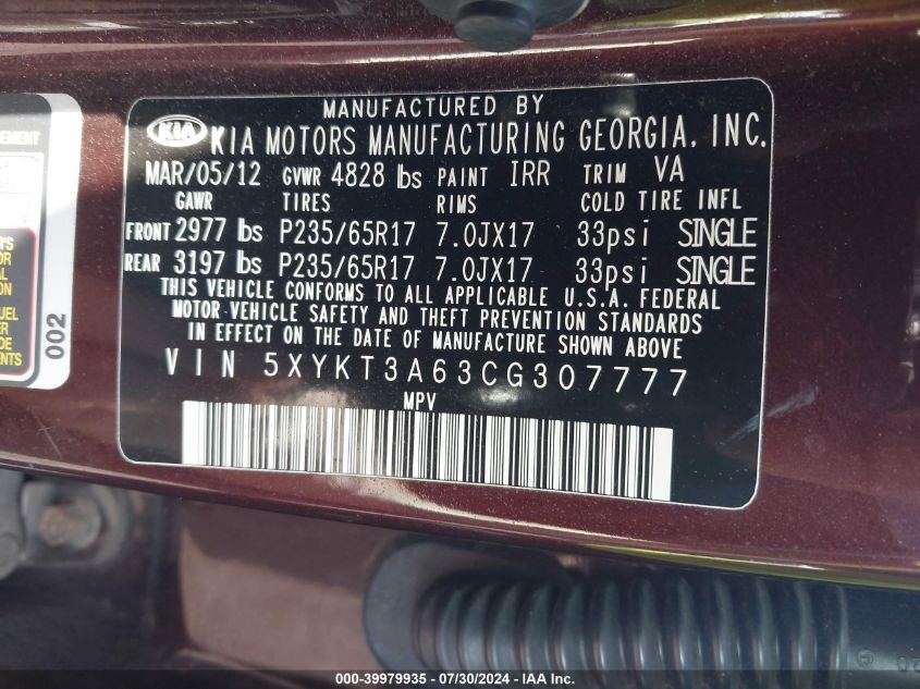2012 Kia Sorento Lx VIN: 5XYKT3A63CG307777 Lot: 39979935