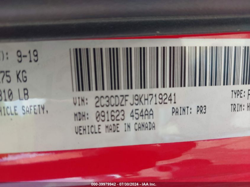 2019 Dodge Challenger R/T Scat Pack VIN: 2C3CDZFJ9KH719241 Lot: 39979942