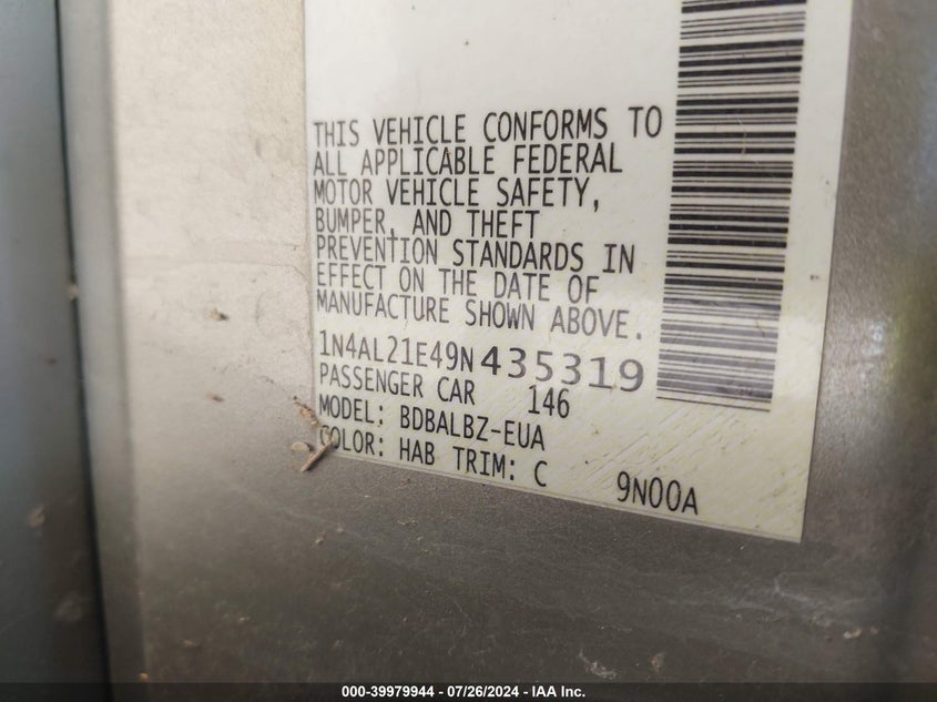 2009 Nissan Altima 2.5 S VIN: 1N4AL21E49N435319 Lot: 39979944