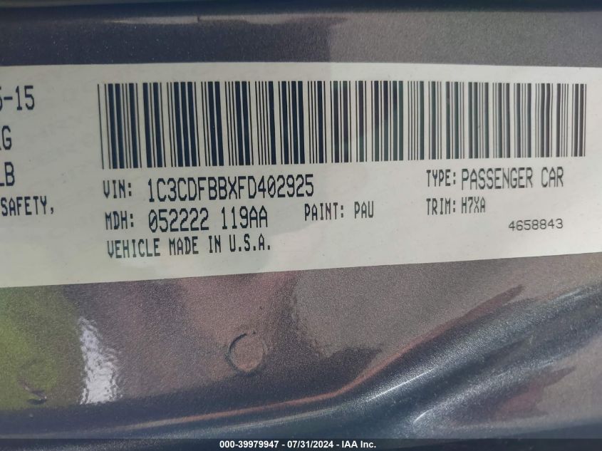 2015 Dodge Dart Sxt VIN: 1C3CDFBBXFD402925 Lot: 39979947