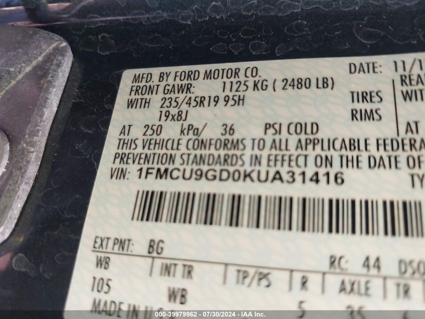 VIN 1FMCU9GD0KUA31416 2019 FORD ESCAPE no.9