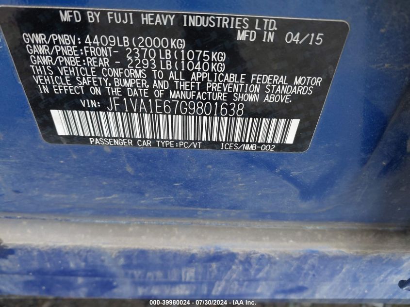2016 Subaru Wrx Premium VIN: JF1VA1E67G9801638 Lot: 39980024