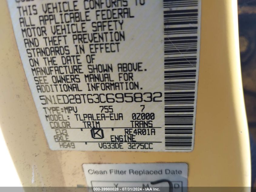 2003 Nissan Xterra Xe/Se VIN: 5N1ED28T63C695832 Lot: 39980028
