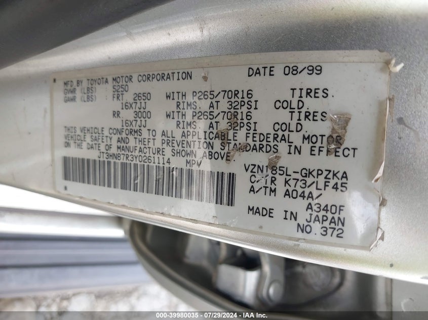 JT3HN87R3Y0261114 2000 Toyota 4Runner Limited V6