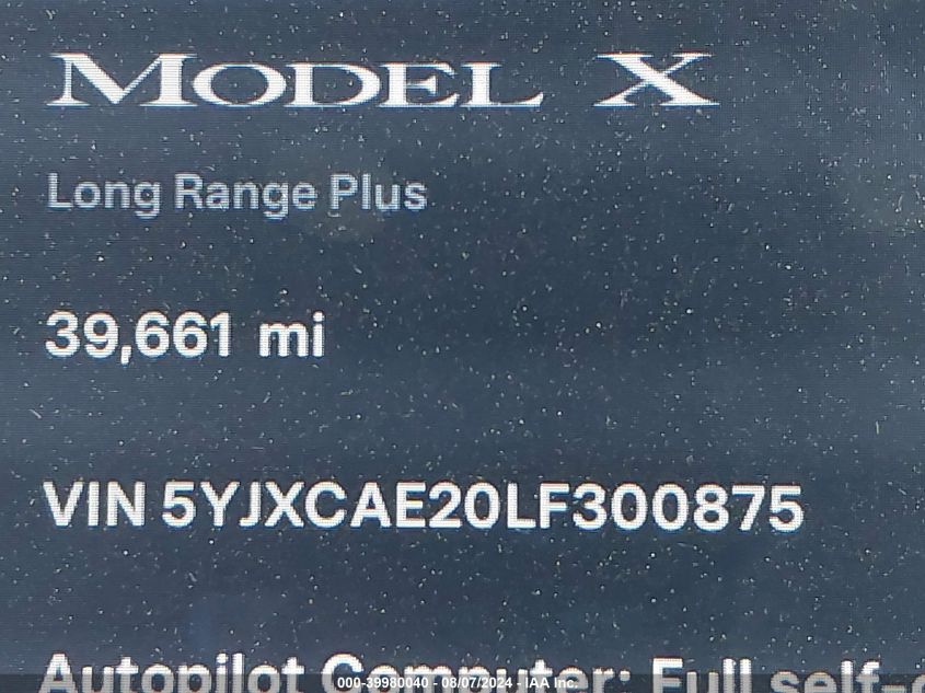 2020 Tesla Model X Long Range Dual Motor All-Wheel Drive/Long Range Plus Dual Motor All-Wheel Drive VIN: 5YJXCAE20LF300875 Lot: 39980040