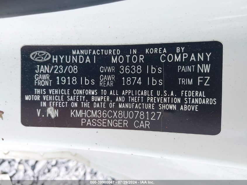 KMHCM36CX8U078127 | 2008 HYUNDAI ACCENT