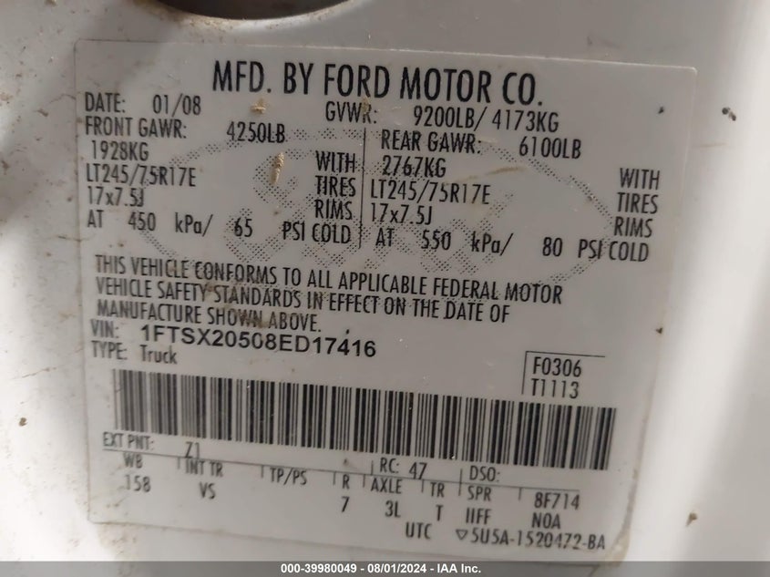 2008 Ford F-250 Xl VIN: 1FTSX20508ED17416 Lot: 39980049