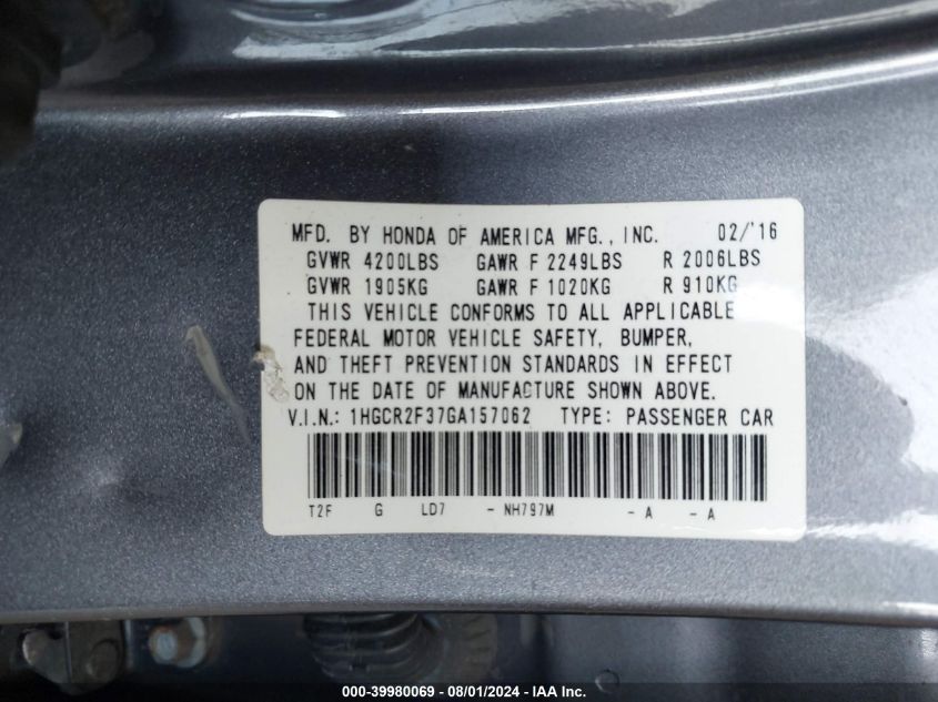 1HGCR2F37GA157062 2016 Honda Accord Lx