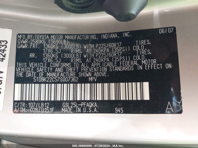 2007 Toyota Sienna Xle VIN: 5TDBK22C57S007362 Lot: 39980089