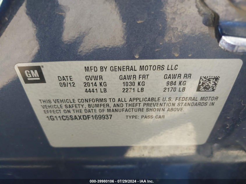 2013 Chevrolet Malibu 1Lt VIN: 1G11C5SAXDF169937 Lot: 39980106