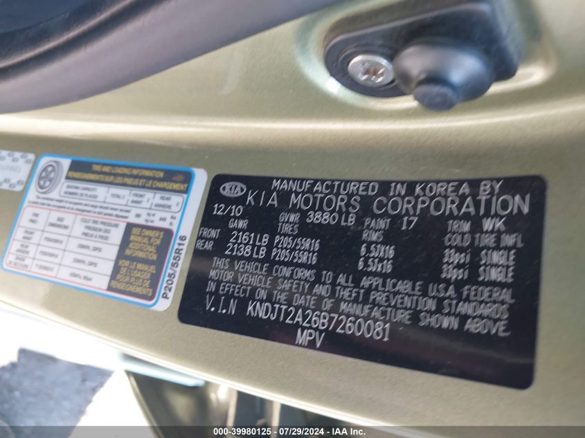 2011 Kia Soul + VIN: KNDJT2A26B7260081 Lot: 39980125