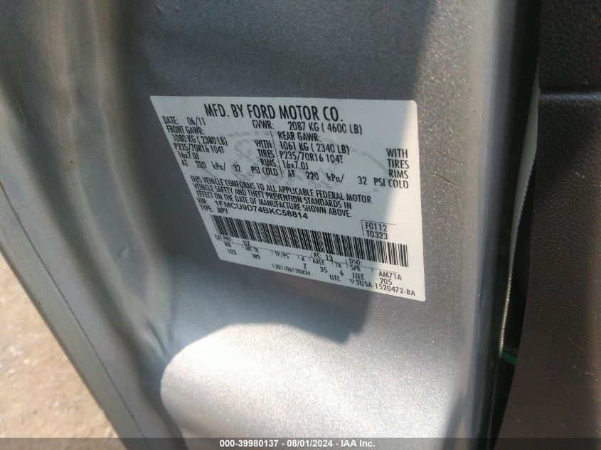 2011 Ford Escape Xlt VIN: 1FMCU9D74BKC58814 Lot: 39980137