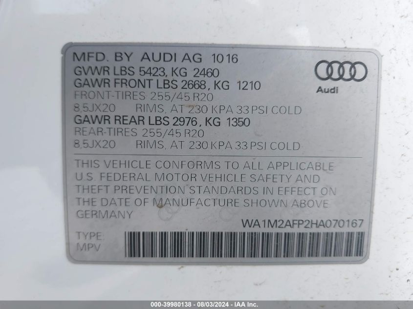 WA1M2AFP2HA070167 2017 Audi Q5 2.0T Premium