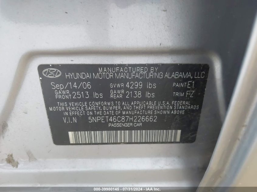5NPET46C87H226662 2007 Hyundai Sonata Gls