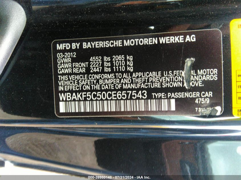 2012 BMW 328I xDrive VIN: WBAKF5C50CE657543 Lot: 39980148