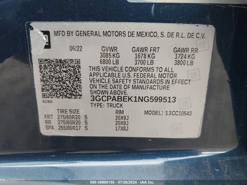 2022 Chevrolet Silverado 1500 2Wd Short Bed Custom VIN: 3GCPABEK1NG599513 Lot: 39980155