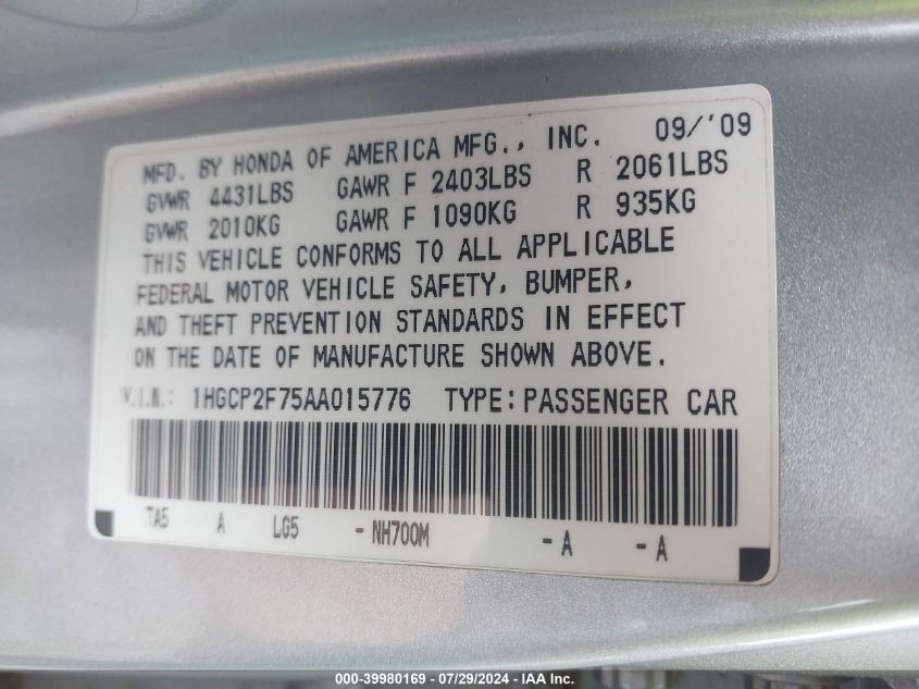 1HGCP2F75AA015776 | 2010 HONDA ACCORD