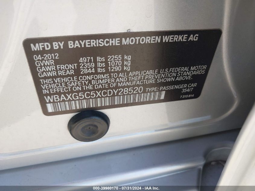 2012 BMW 528 I VIN: WBAXG5C5XCDY28520 Lot: 39980170