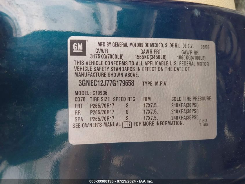 2007 Chevrolet Avalanche Ls VIN: 3GNEC12J77G179658 Lot: 39980193