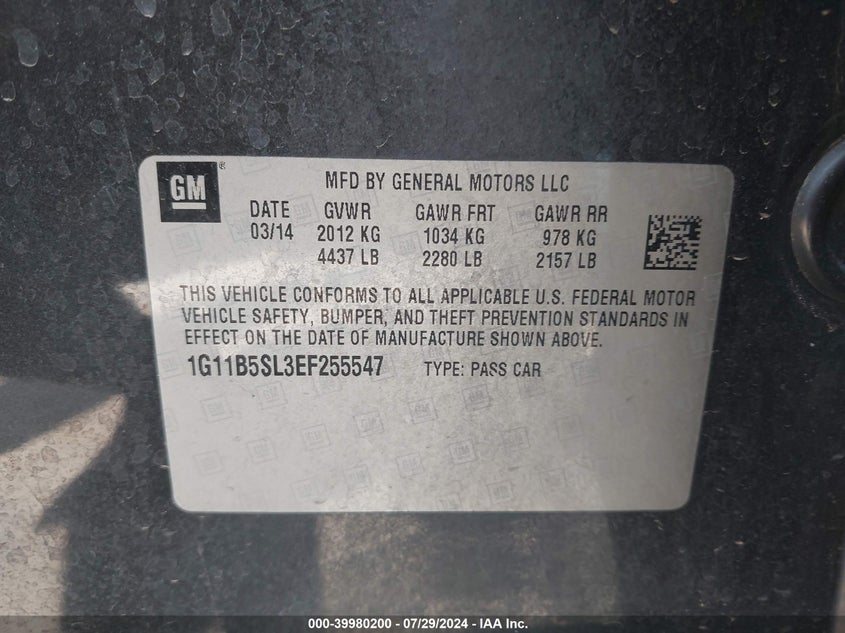 2014 Chevrolet Malibu 1Ls VIN: 1G11B5SL3EF255547 Lot: 39980200