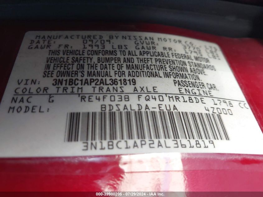 2010 Nissan Versa 1.8S VIN: 3N1BC1AP2AL361819 Lot: 39980205