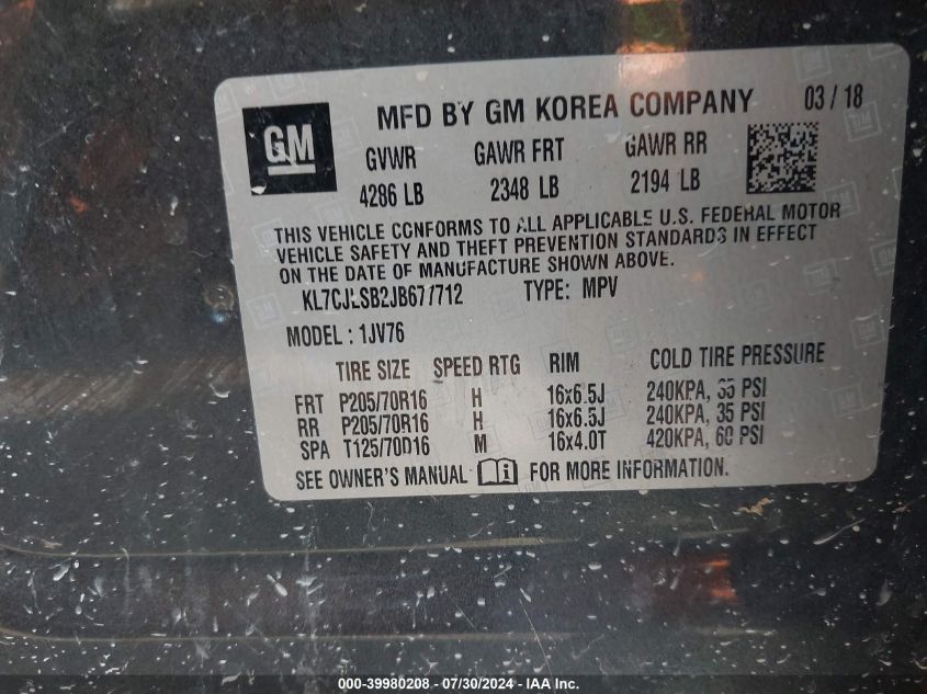 2018 Chevrolet Trax Lt VIN: KL7CJLSB2JB677712 Lot: 39980208