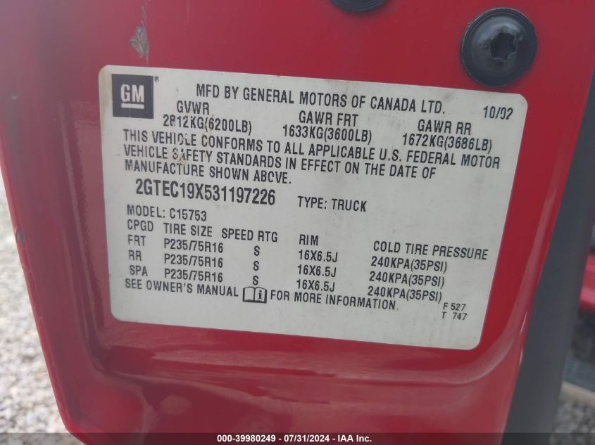 2003 GMC Sierra 1500 Work Truck VIN: 2GTEC19X531197226 Lot: 39980249