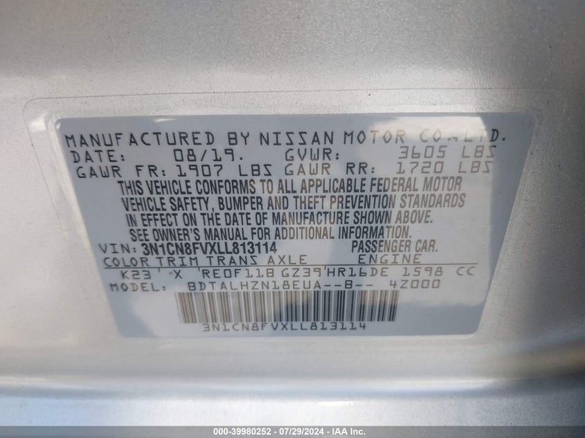 2020 Nissan Versa Sr Xtronic Cvt VIN: 3N1CN8FVXLL813114 Lot: 39980252
