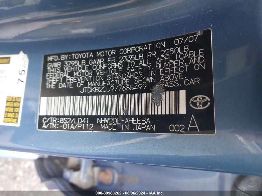 2007 Toyota Prius VIN: JTDKB20U977688499 Lot: 39980262