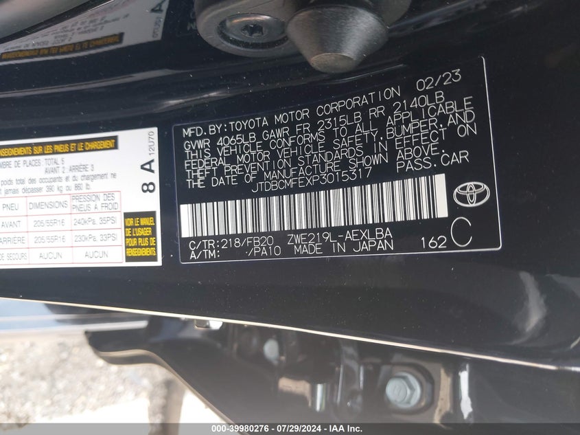 2023 TOYOTA COROLLA 1.8L I-4 DOHC, VVT, (VIN: JTDBCMFEXP3015317