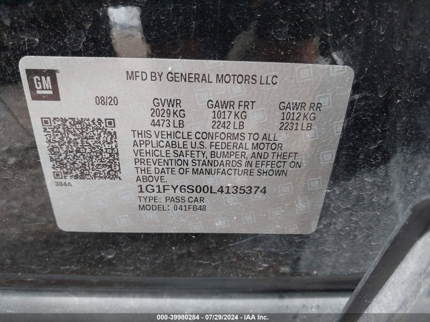 1G1FY6S00L4135374 2020 Chevrolet Bolt Ev Fwd Lt