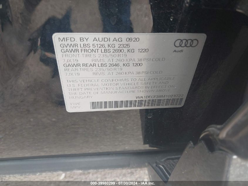 2021 Audi Q3 Premium 45 Tfsi S Line Quattro Tiptronic VIN: WA1DECF38M1023722 Lot: 39980299