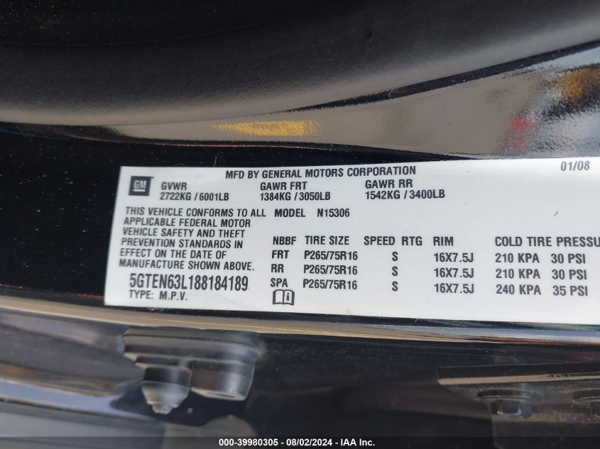 2008 Hummer H3 Suv Alpha VIN: 5GTEN63L188184189 Lot: 39980305