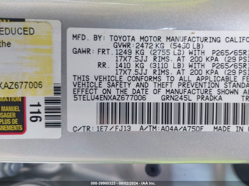 2010 Toyota Tacoma Base V6 VIN: 5TELU4ENXAZ677006 Lot: 39980323