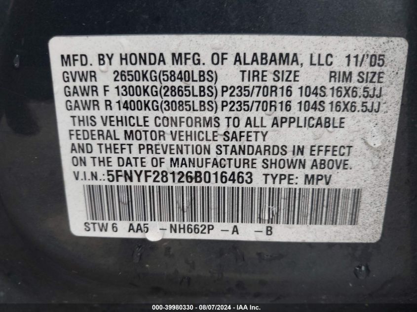 2006 Honda Pilot Lx VIN: 5FNYF28126B016463 Lot: 39980330