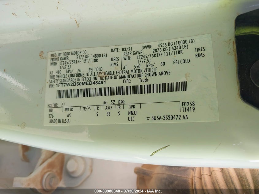 2021 Ford F250 Super Duty VIN: 1FT7W2B60MED48481 Lot: 39980348