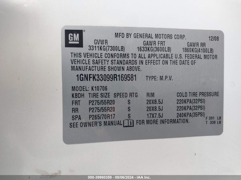 2009 Chevrolet Tahoe K1500 Ltz VIN: 1GNFK33099R169581 Lot: 39980359