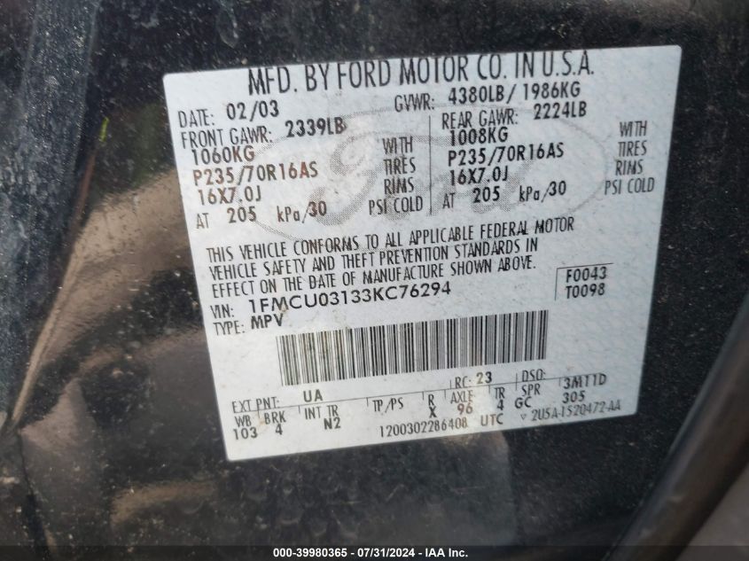 2003 Ford Escape Xlt VIN: 1FMCU03133KC76294 Lot: 39980365