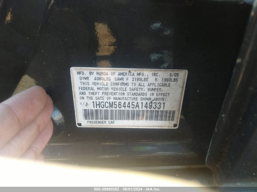 2005 Honda Accord Lx VIN: 1HGCM56445A149331 Lot: 39980382