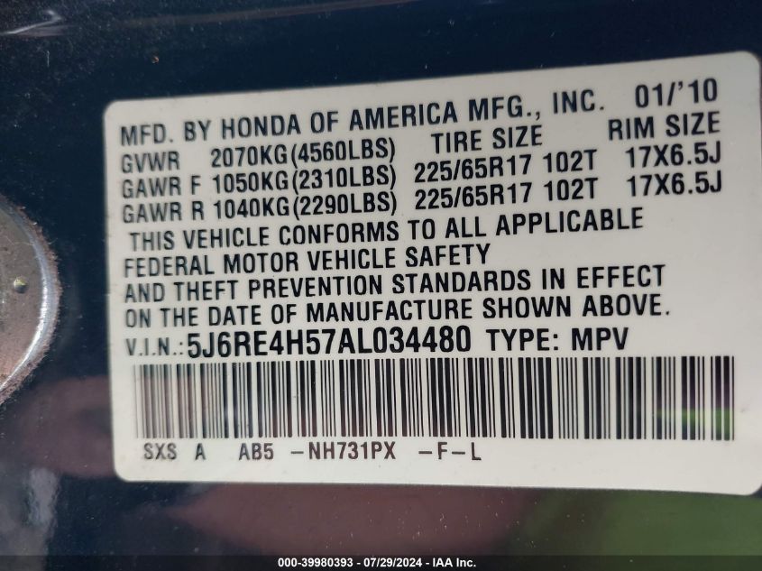 2010 Honda Cr-V Ex VIN: 5J6RE4H57AL034480 Lot: 39980393