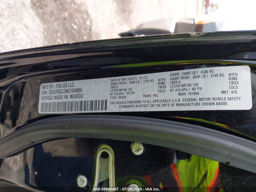 2022 RAM 2500 6.7L I-6 DI, TURBO, (VIN: 3C6UR5CL3NG154884