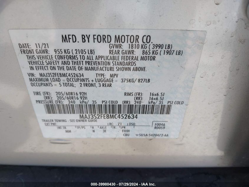 2021 Ford Ecosport S VIN: MAJ3S2FE8MC452634 Lot: 39980430