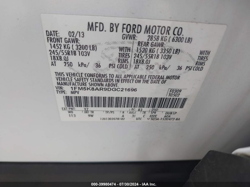 2013 Ford Explorer Police Interceptor VIN: 1FM5K8AR9DGC21696 Lot: 39980474