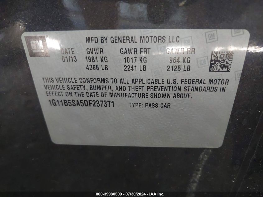 2013 Chevrolet Malibu 1Ls VIN: 1G11B5SA5DF237371 Lot: 39980509